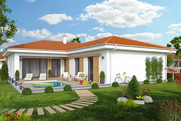 Moderní bílý bungalov ve tvaru L s bazénem a zahradou.