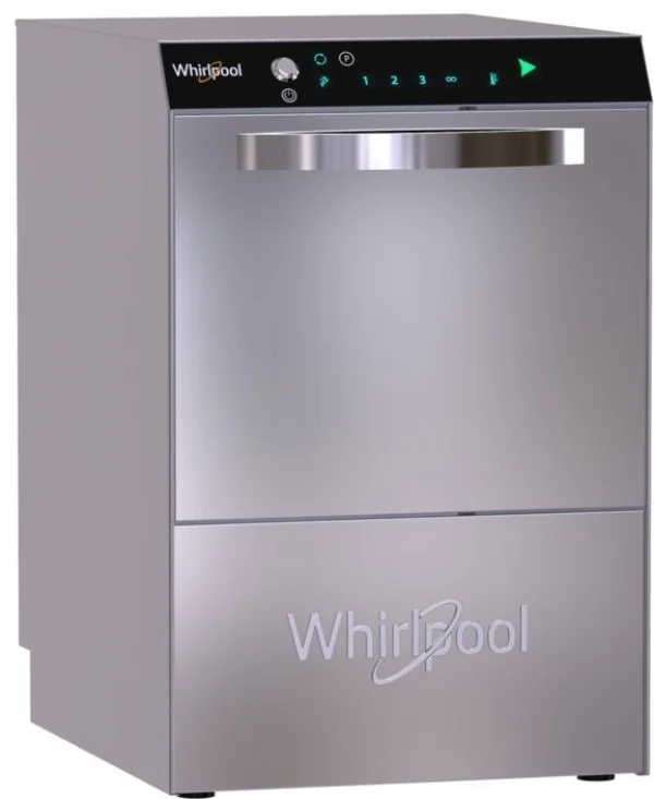 Nerezová vestavná myčka nádobí značky Whirlpool.