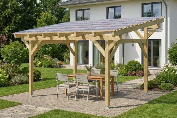 Dřevěná pergola s fotovoltaickou střechou na zahradním terasu.