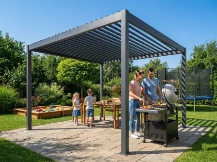 Moderní hliníková pergola s rodinou grilující na zahradě.