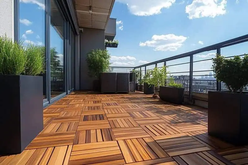 Dřevěná podlaha na slunném balkóně s kvetinami.