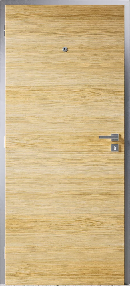 Modern dřevěná dveře do bytu s klikou a okem.