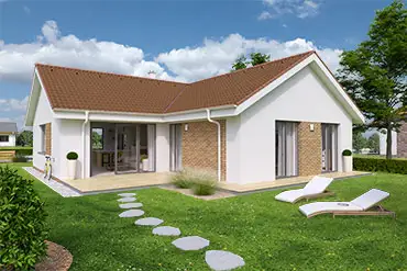 Moderní bílý bungalov tvaru L s terasou a zahradou.