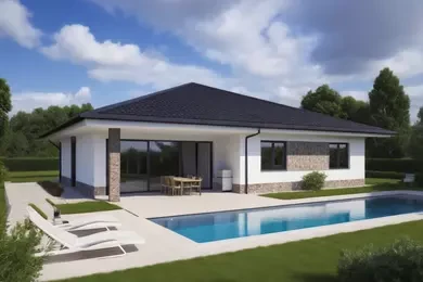 Moderní projekt bungalovu s bazénem v zahradě.