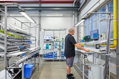 Muž pracuje na montážní lince pro výrobu elektrorozvaděčů v továrně.