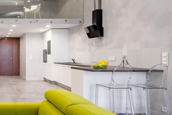 Modern kitchen interior with concrete wall finish