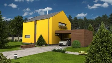 Moderní žlutý dům s garáží pro automobil v zeleném prostředí.