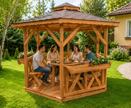 Skupina lidí se stravuje v dřevěném pavilonu na zahradě.