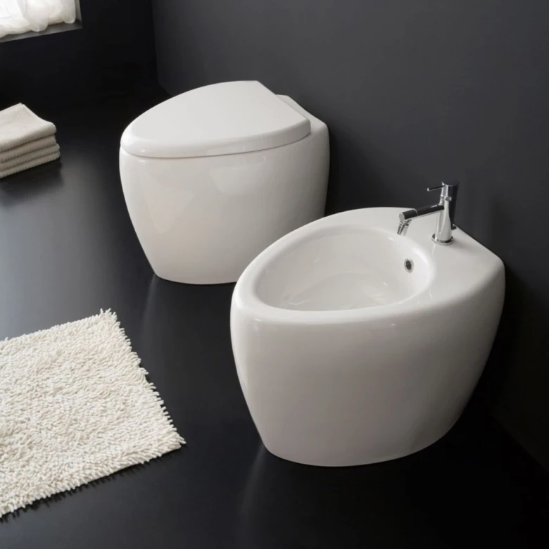 Bílý bidet vedle záchodu v tmavé koupelně