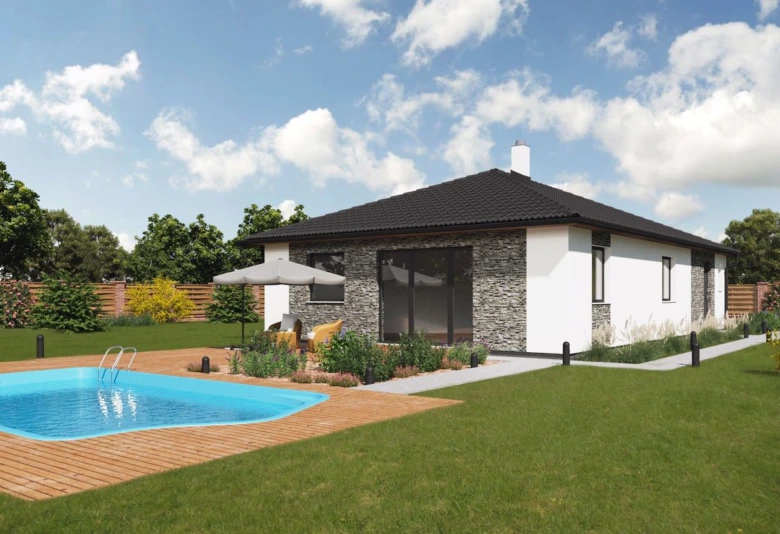 Moderní projekt bungalovu s bazénem v zahradě.