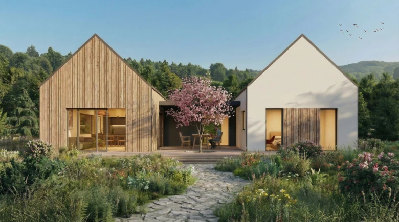 Moderní dřevostavba bungalov s zahradou a kamenným chodníkem.