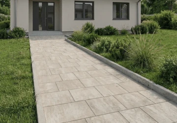 Moderní betonová dlažba tvořící chodník před domem s trávníkem.